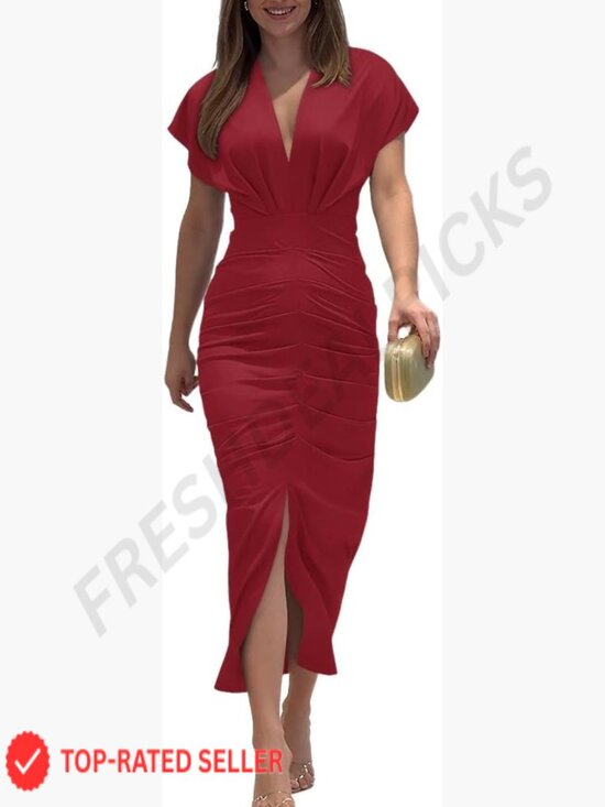 Dresses & Skirts - Floral Print Midi Dress Plunge V Neck Ruched Bodycon Slit Casual Party